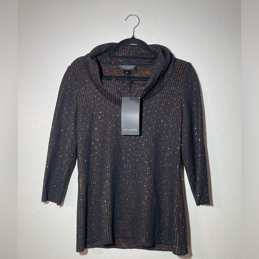 NWT St. John Black Sweater Cowl Neck Embedded Gold Sparkles Size Small